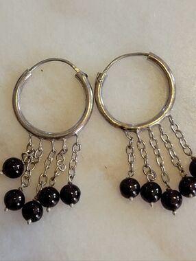 Silver Hoop Earrings with Dark Purple Bead Dangles